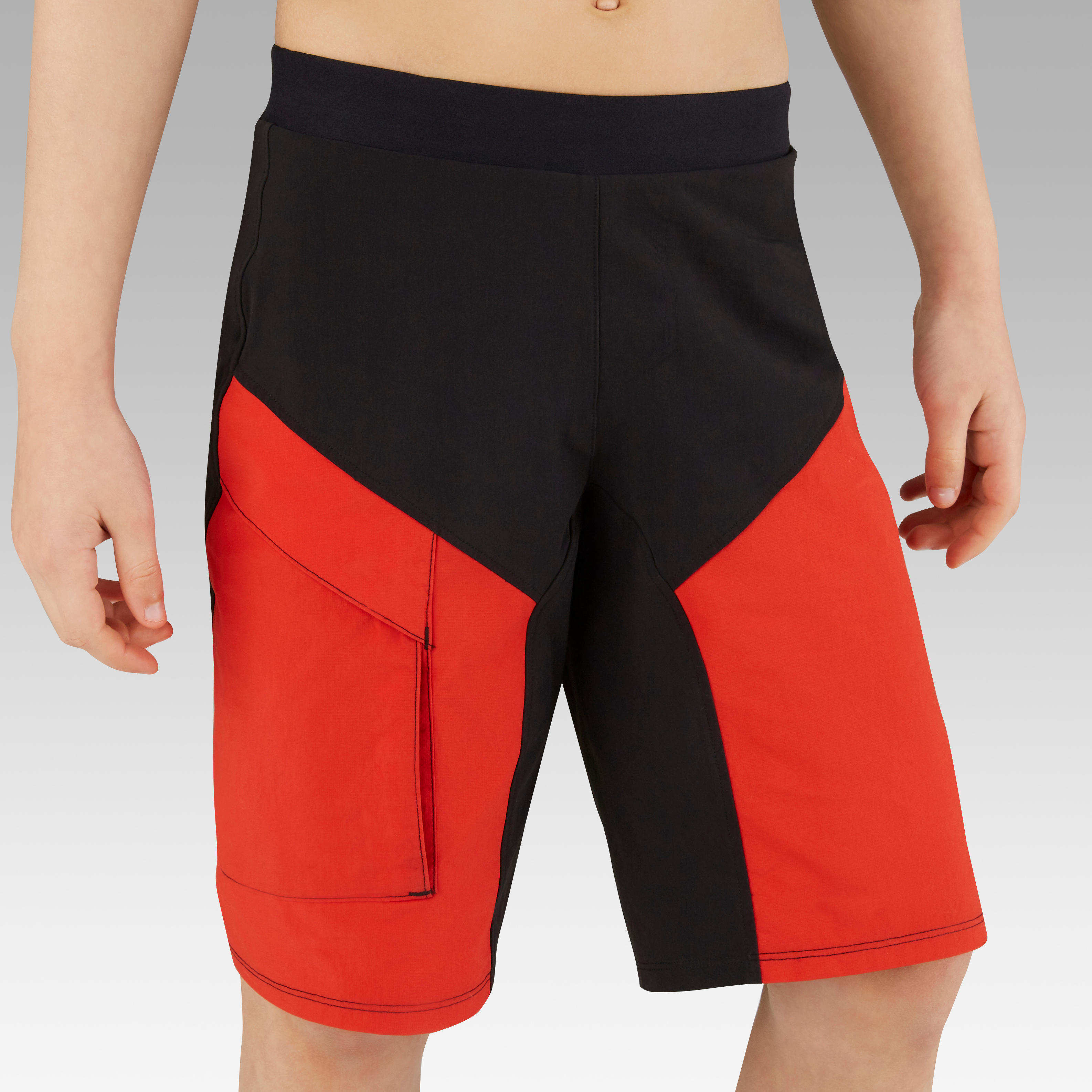 500 Kids Mountain Bike Shorts Black Red Decathlon