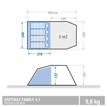 Намет-тунель Arpenaz 4.1 Fresh&Black, 4-місний, 1 спальня