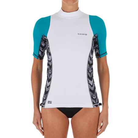 women's short sleeve uv-resistant 500 surfing top t-shirt turquoise and white