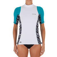 tee shirt anti uv surf top 500 manches courtes femme turquoise et blanc