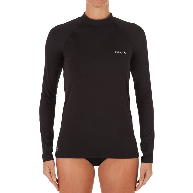 Women's Long-sleeved UV Surfing Rash Guard - 100 Black - [EN