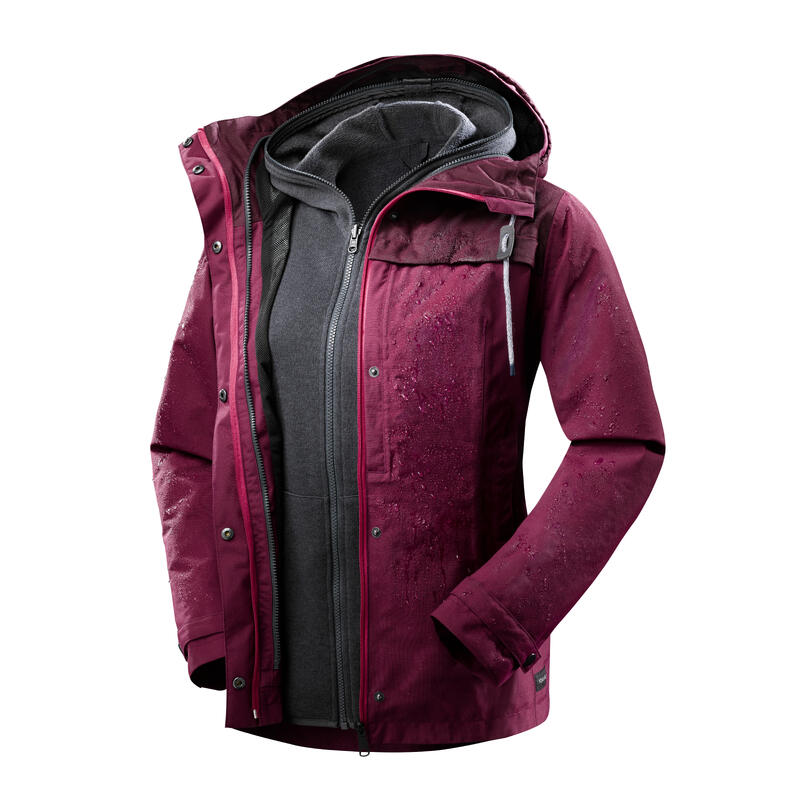 Veste 3en1 imperméable confort 0°C de trek voyage - TRAVEL 100 rose - femme
