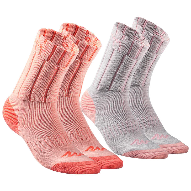 Chaussettes chaudes de randonnée enfant SH100 WARM mid corail grises X 2 paires