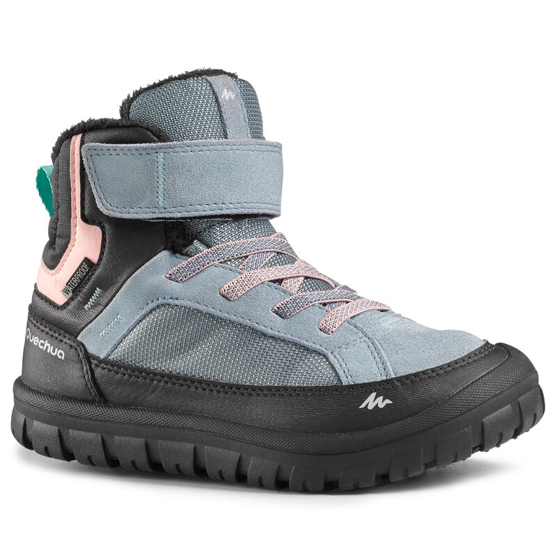 WARME WATERDICHTE WANDELSCHOENEN KINDEREN SH500 KLITTENBAND IJSBLAUW MAAT 28-32