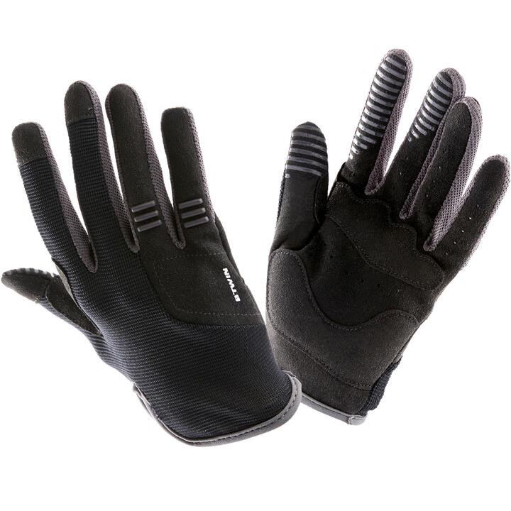 Kids' Long Cycling Gloves Black/Grey BTWIN Decathlon