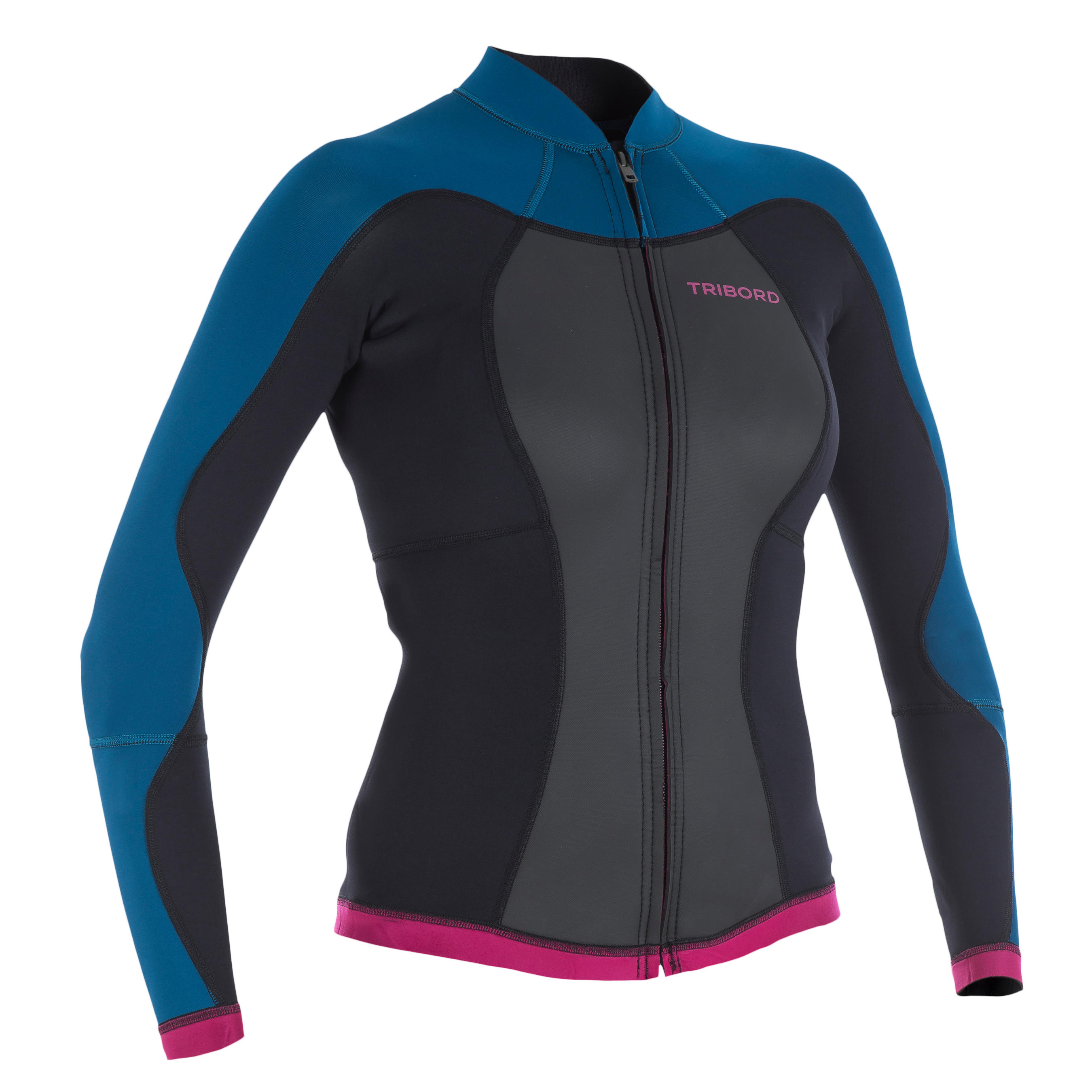 500 Women's Long Sleeve 2mm Neoprene Surfing Wetsuit Top - Blue/Pink 1/12