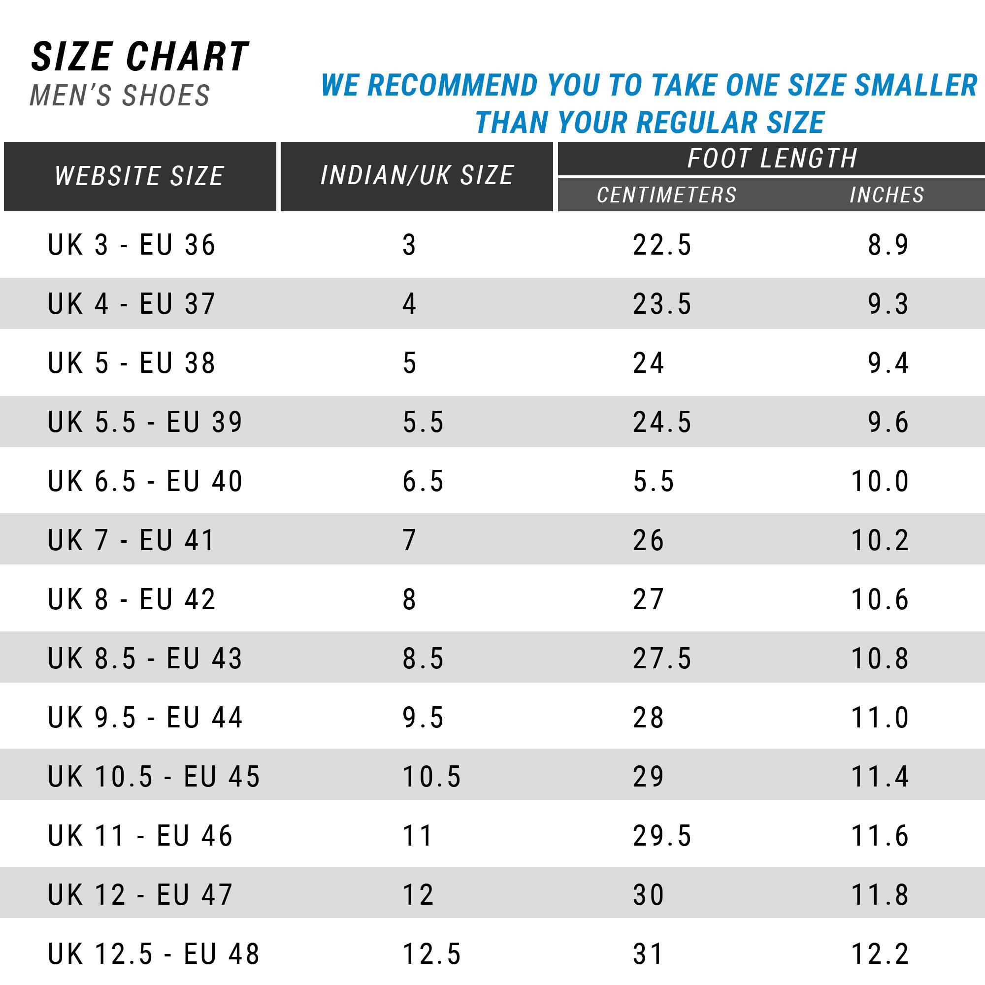 Mens Footwear Size Chart India