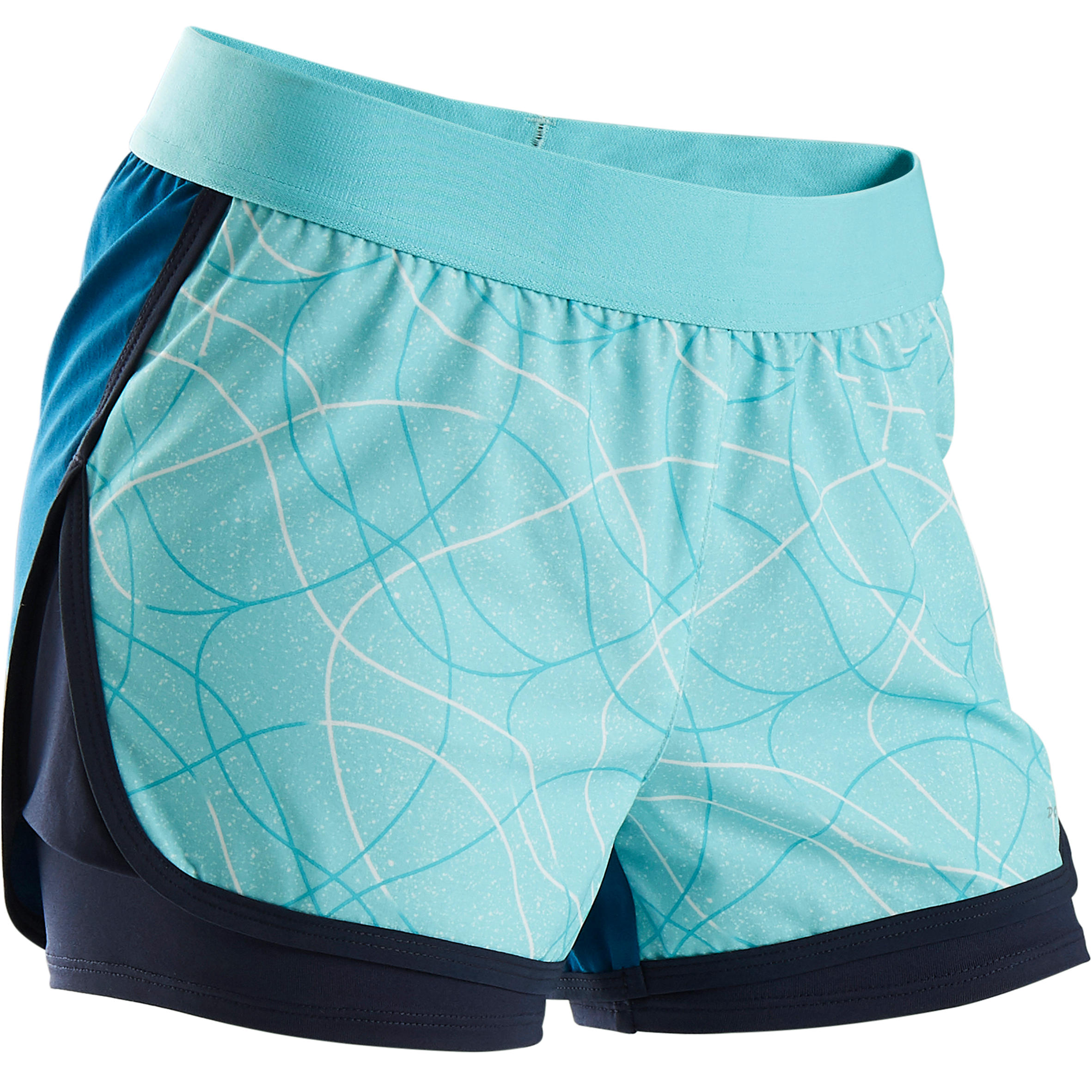 Domyos Ademende Gymshort Voor Meisjes W900 Blauw Met Print domyos kopen in de aanbieding