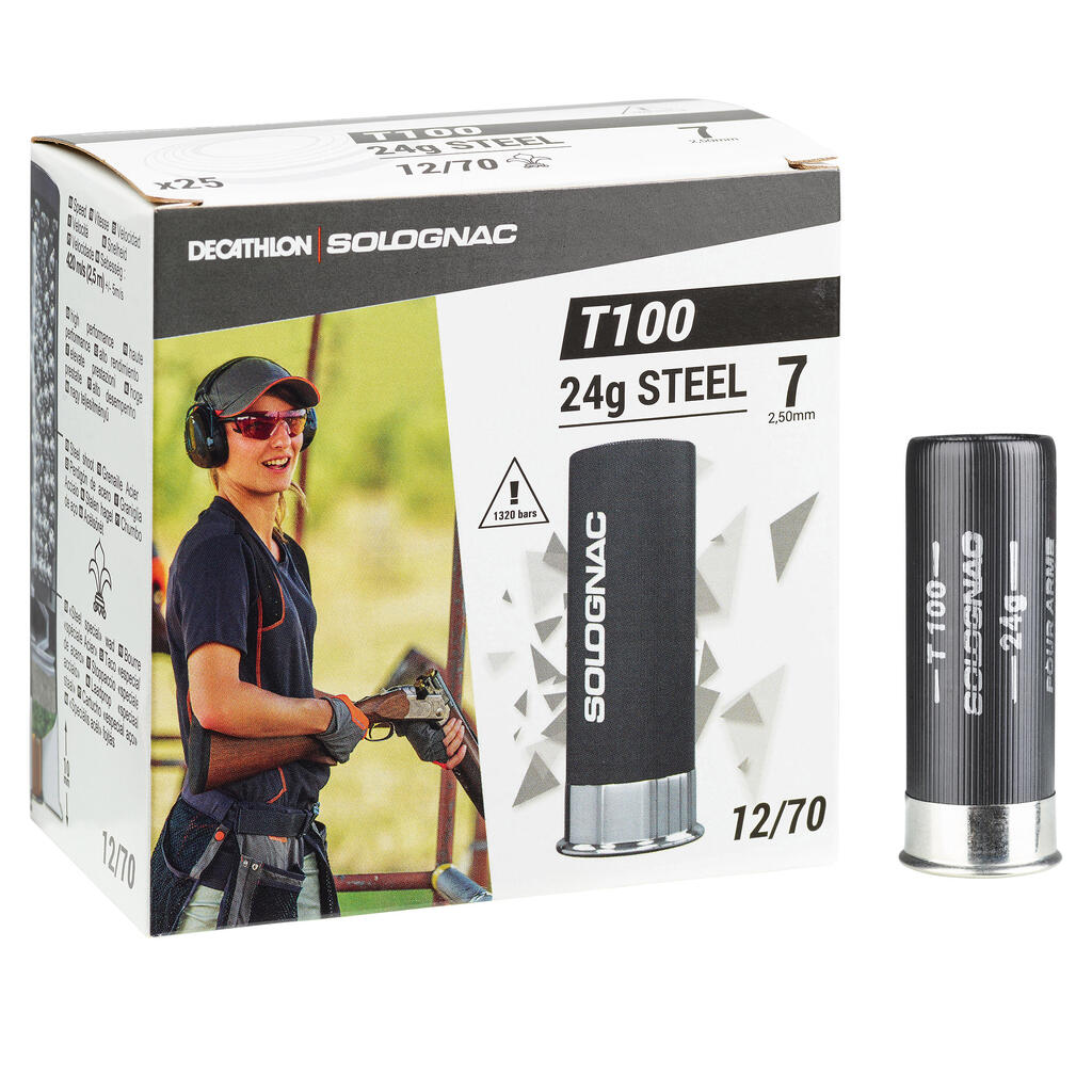 T100 24G CLAY PIGEON SHOOTING CARTRIDGE STEEL 12/70 CALIBRE 7 SHOT X25 SOLOGNAC