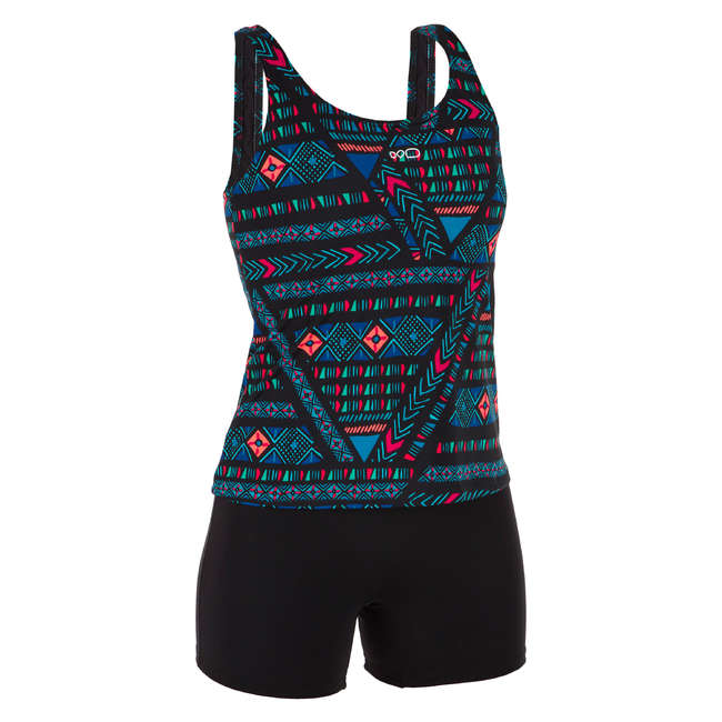 Črne ženske enodelne kopalke s tankini obliko HEVA Decathlon