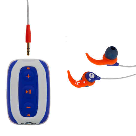 Moder, oranžen in siv glasbeni MP3-predvajalnik in slušalke SWIMMUSIC 100