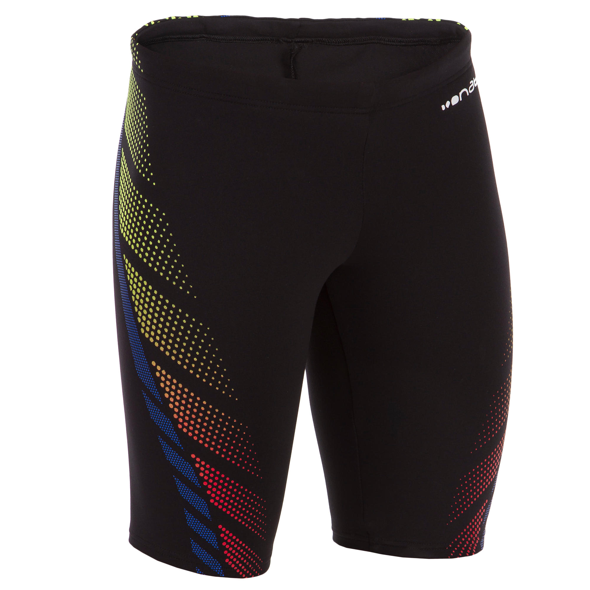 BOY'S JAMMER SWIM SHORTS 500 FIRST BLACK DOTS YELLOW ORANGE Nabaiji