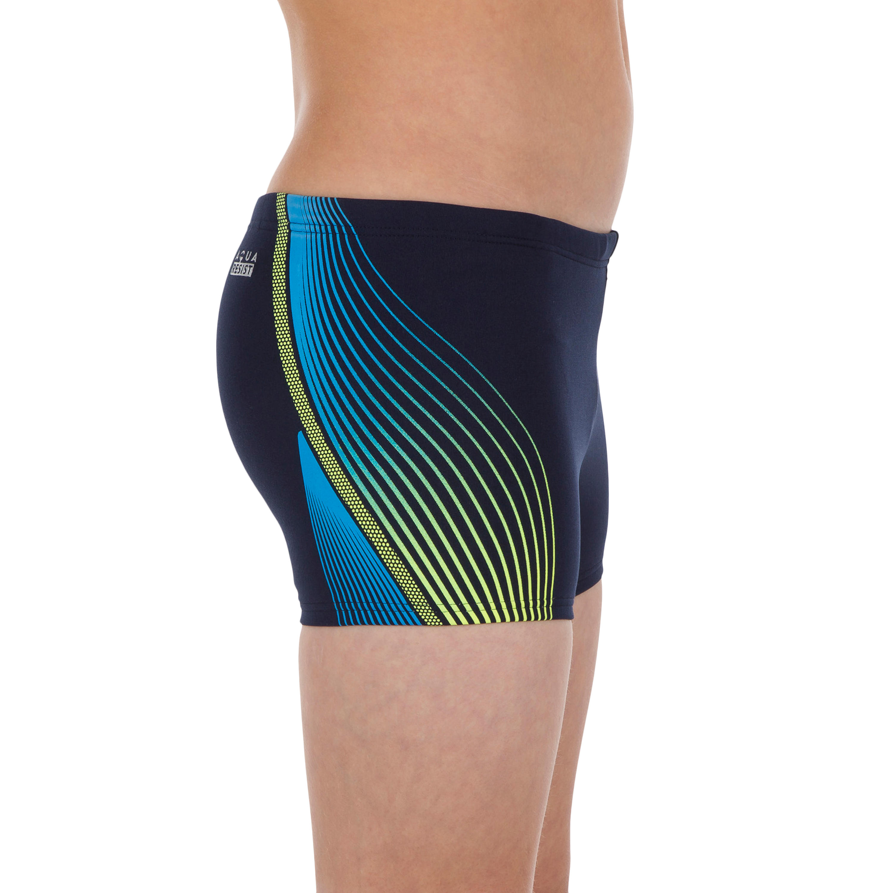 500 FIT BOY'S BOXER SWIM SHORTS BLUE TRACO YELLOW 4/5