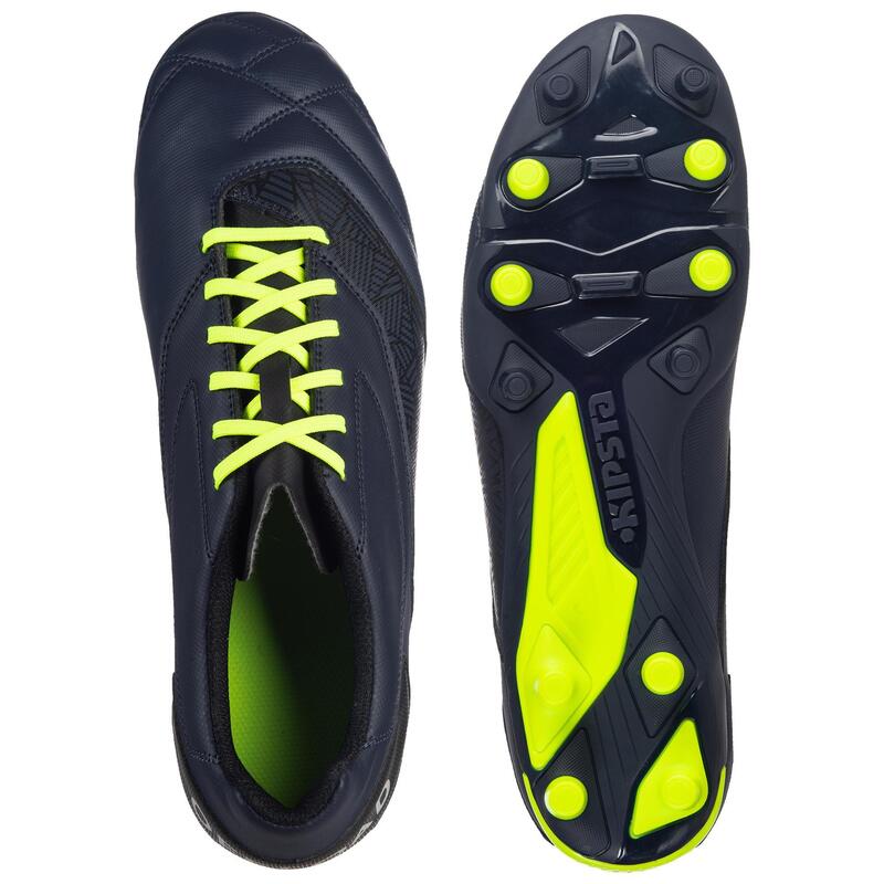Rugbyschoenen voor droog terrein Density R100 FG vaste noppen blauw/geel
