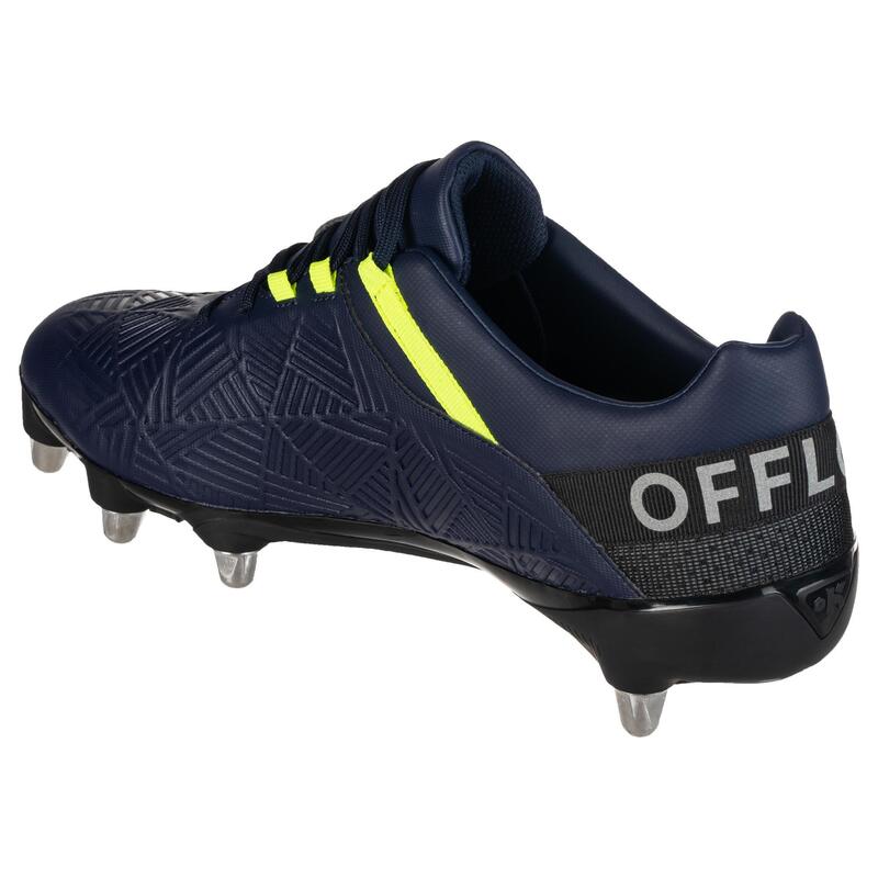 chaussures de rugby terrains gras 8 crampons Density R500 SG bleue jaune