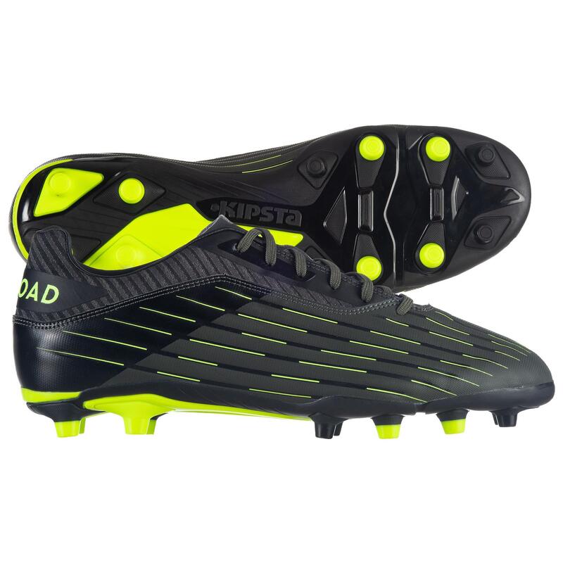 Chaussures de rugby moulée terrains secs Skill R500 FG kaki jaune