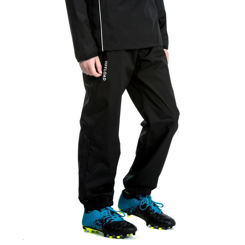 Pantalón Cortaviento Impermeable Lluvia Rugby Offload R500 niños Negro