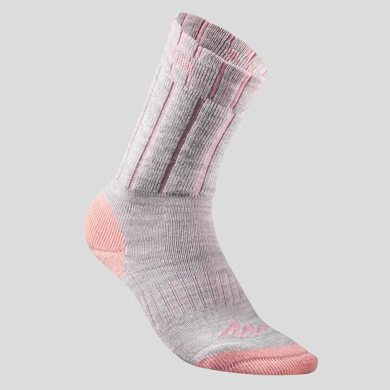 Chaussettes chaudes de randonnée enfant SH100 WARM mid corail grises X 2 paires