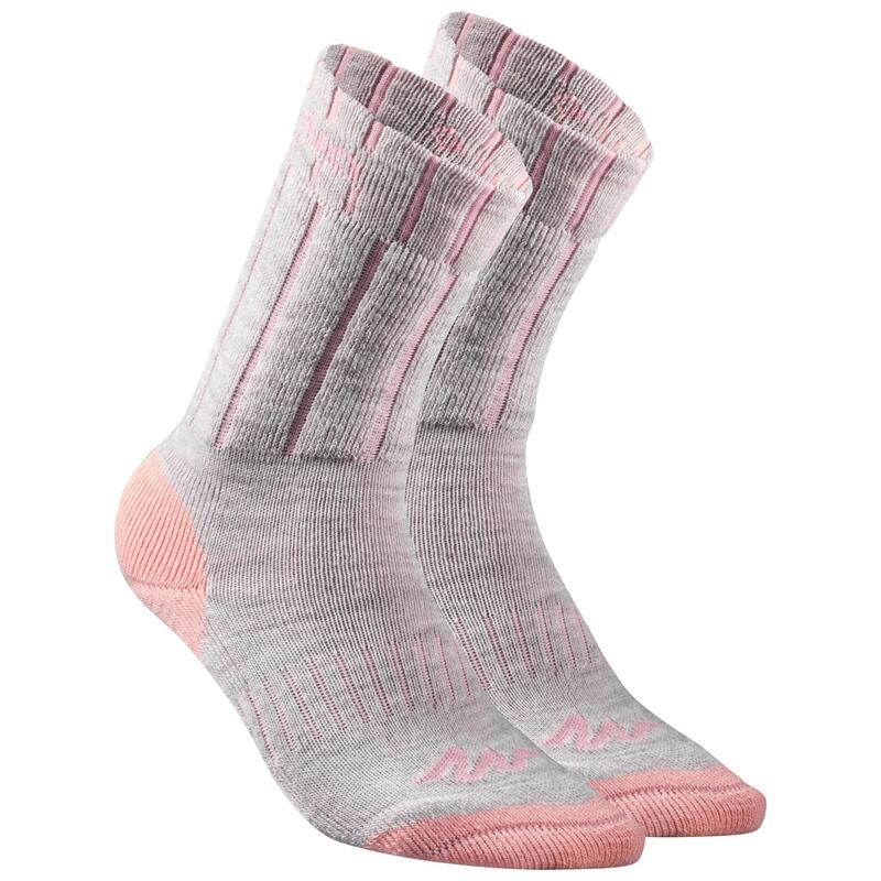 Chaussettes chaudes de randonnée enfant SH100 WARM mid corail grises X 2 paires