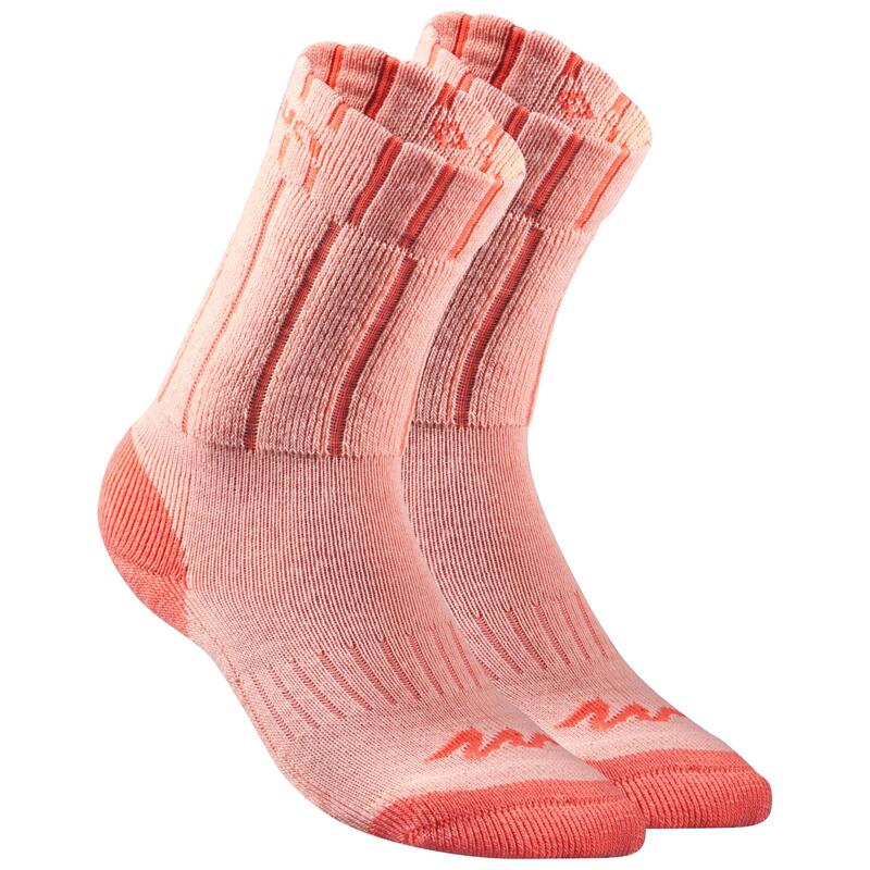 Chaussettes chaudes de randonnée enfant SH100 WARM mid corail grises X 2 paires