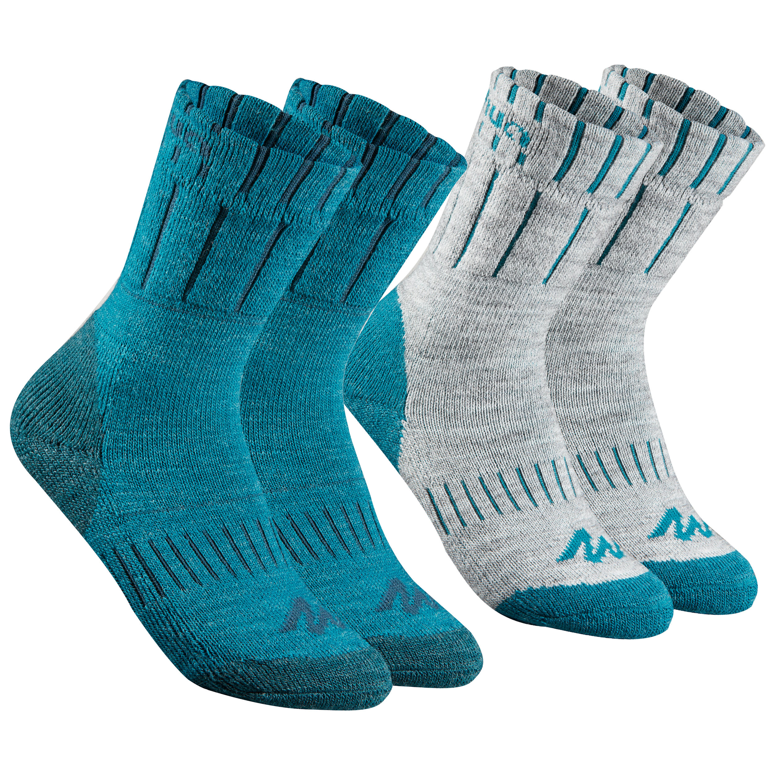 QUECHUA Kids' Warm Walking Socks - 2 Pack - Blue/Grey8558609