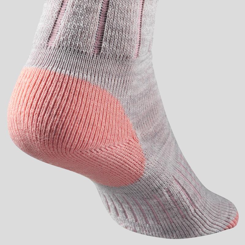 Chaussettes chaudes de randonnée enfant SH100 WARM mid corail grises X 2 paires