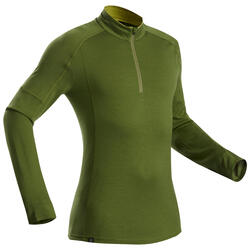T-shirt lana merinos montagna uomo TREK500 WOOL ZIP verde oliva