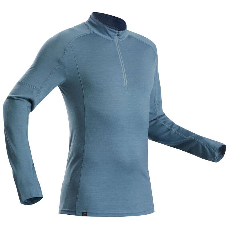 MEN MERINOS WOOL TSHIRT UNDERWEAR MT Trekking - M LS Merino Zip TS TREK500-Blu FORCLAZ - Trekking