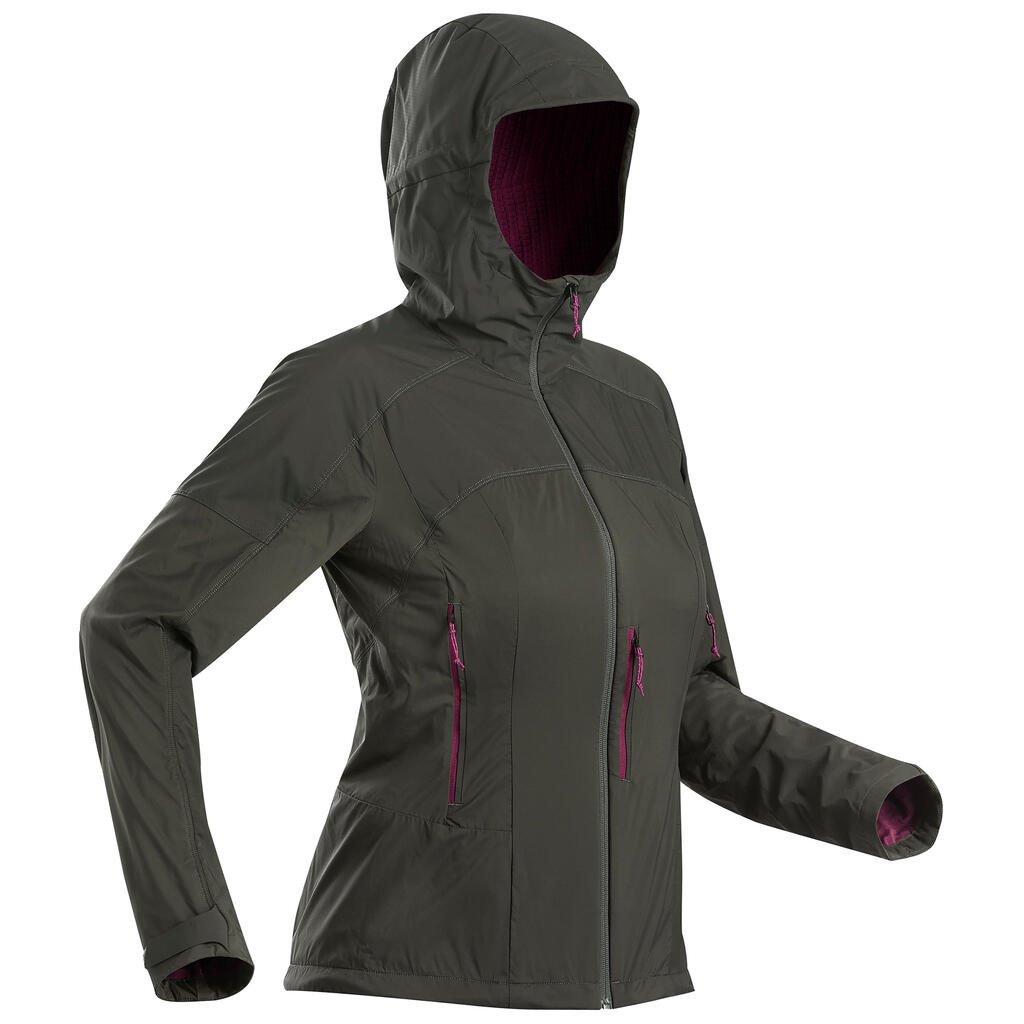 Sieviešu kalnu trekinga vēju aizturošā softshell jaka “mt900”, haki