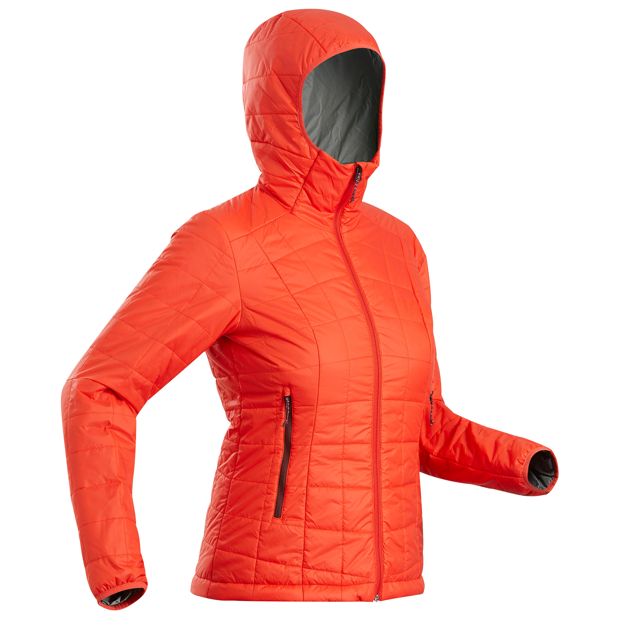 womens red padded jacket with fur hood