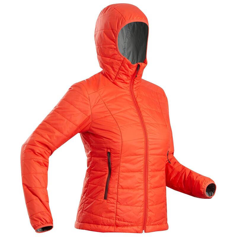 Női kapucnis kabát túrázáshoz MT100, -5 °C-ig, szintetikus, korallpiros 