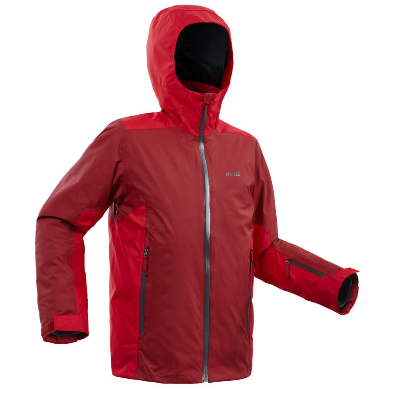 KIDS’ WARM AND WATERPROOF SKI JACKET 500 RED AND BORDEAUX