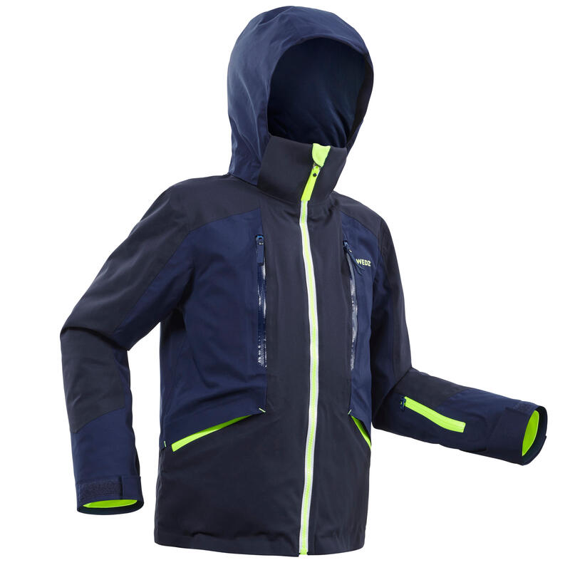 Warme en waterdichte ski-jas voor kinderen 900 marineblauw/geel