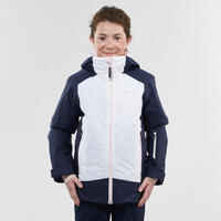 KIDS’ WARM AND WATERPROOF SKI JACKET - 500 WHITE AND BLUE