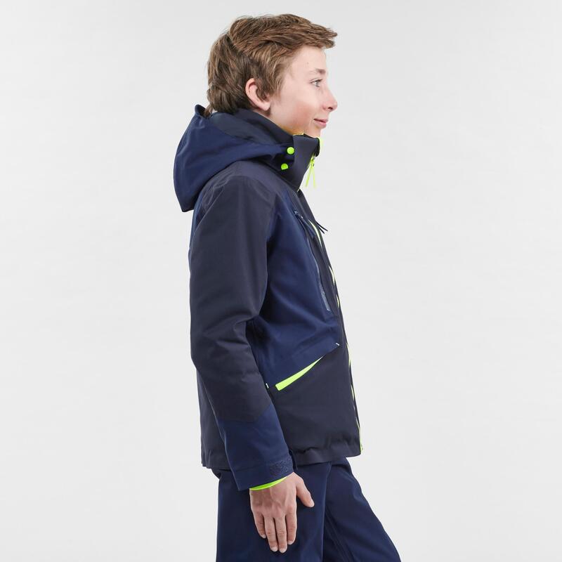 Warme en waterdichte ski-jas voor kinderen 900 marineblauw/geel