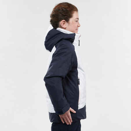 KIDS’ WARM AND WATERPROOF SKI JACKET - 500 WHITE AND BLUE
