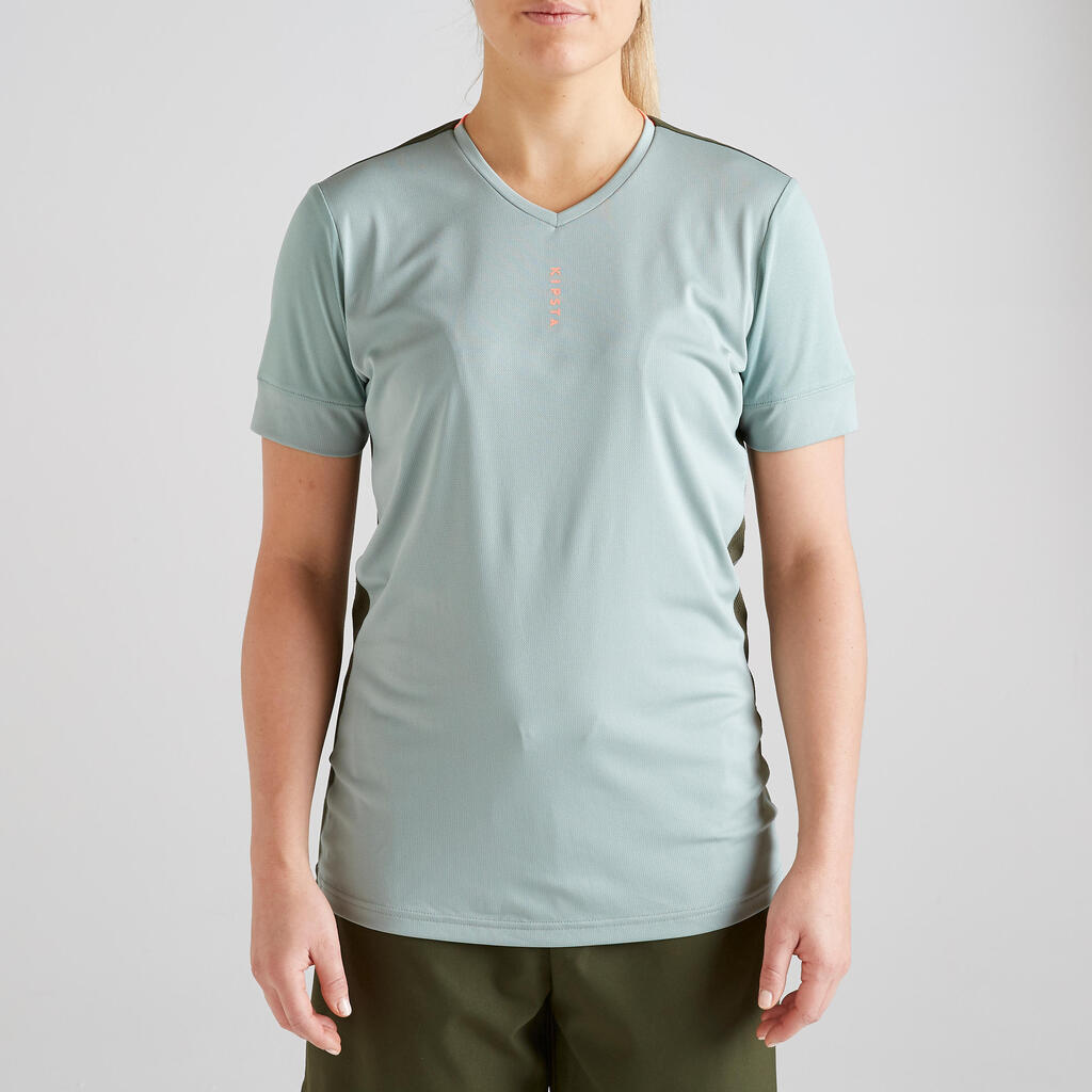 Dámsky futbalový dres zeleno-bronzovo-koralový