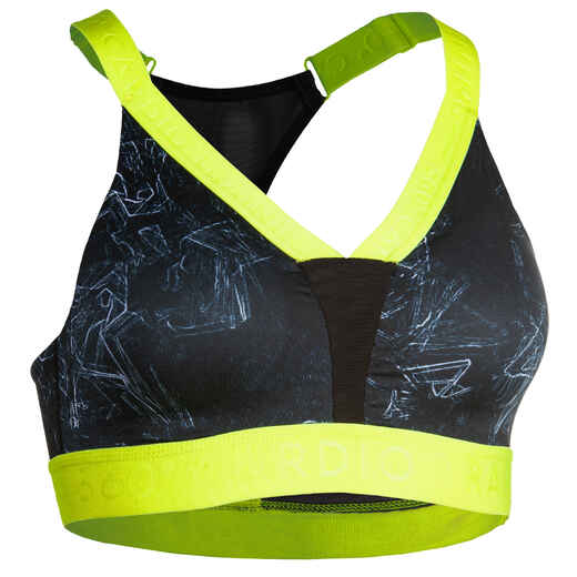 
      Brassière fitness cardio training femme imprimée vert 500
  