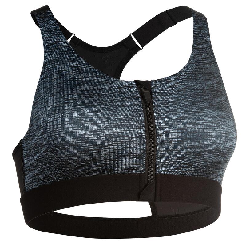 Sujetador Deportivo Top Fitness mujer alto Impacto Domyos 900 negro gris