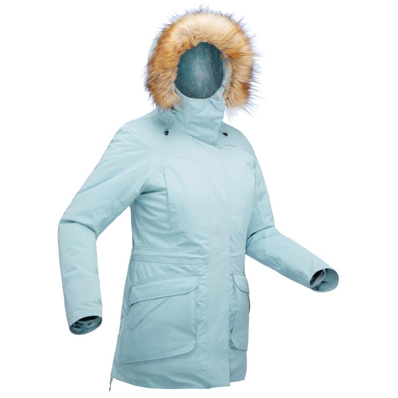 Parka chaude imperméable de randonnée neige femme SH500 ultra-warm ice-bleu