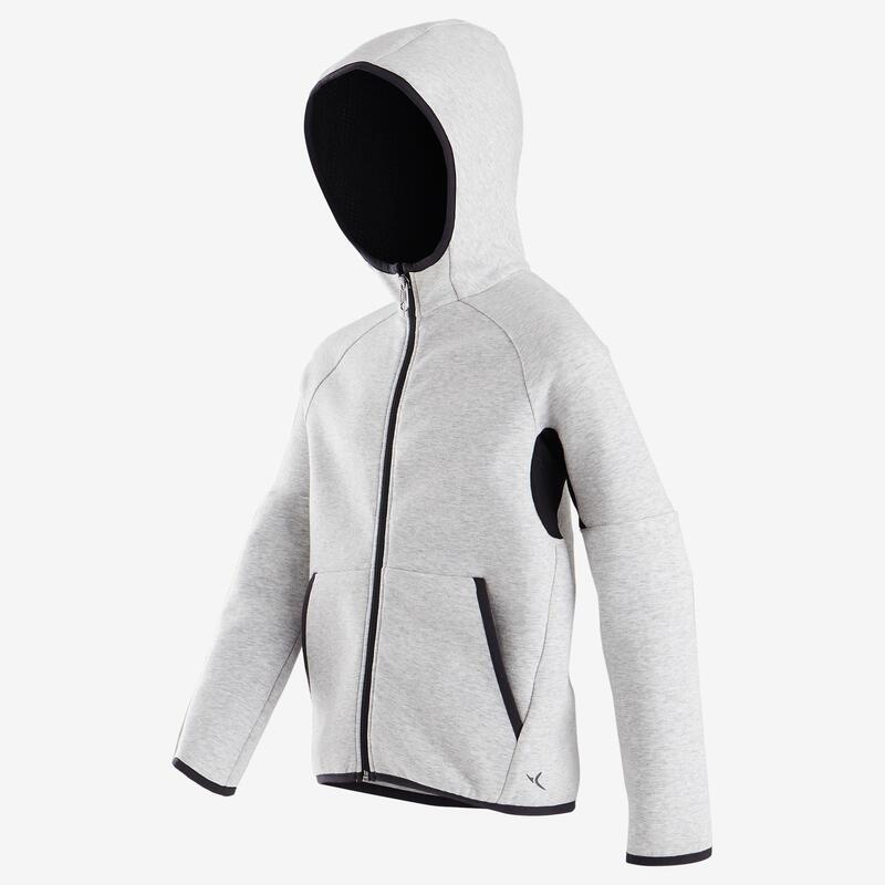 Chlapecká bavlněná bunda 500 Gym s kapucí hřejivá melírovaná šedá