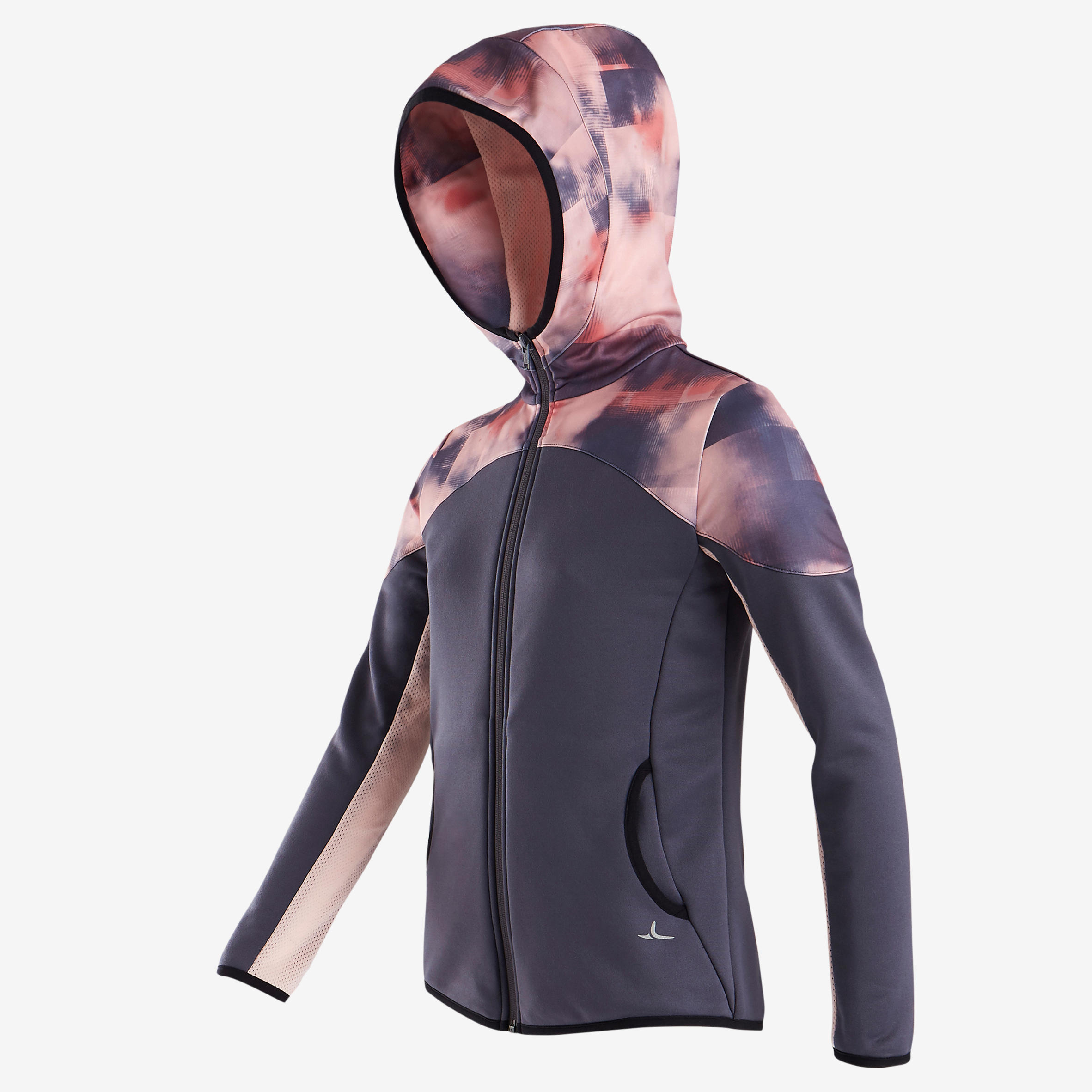 Girls' Warm Breathable Synthetic Gym Jacket S500 - Black/Pink Print 2/5