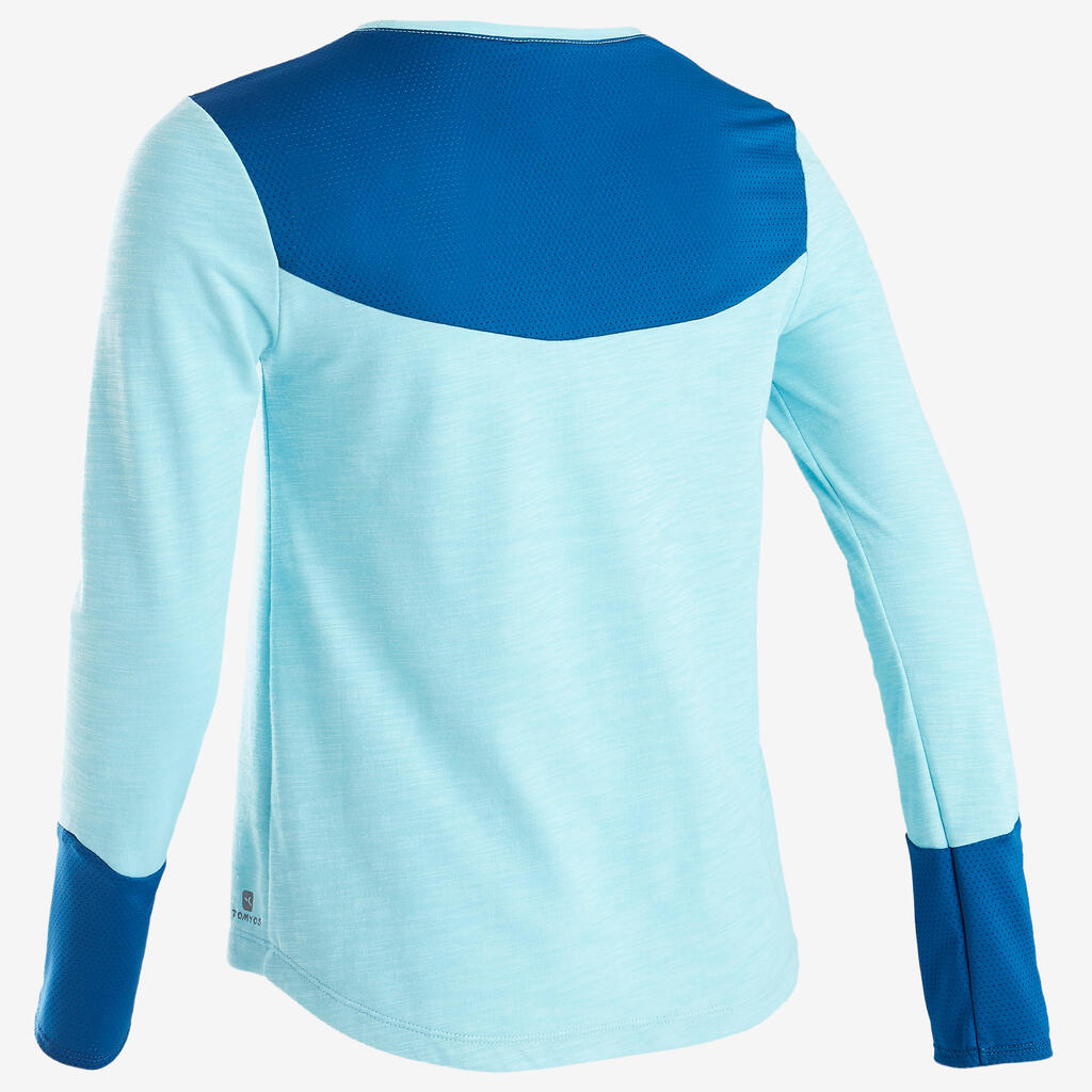 500 Girls' Breathable Cotton Long-Sleeved Gym T-Shirt - Blue Print