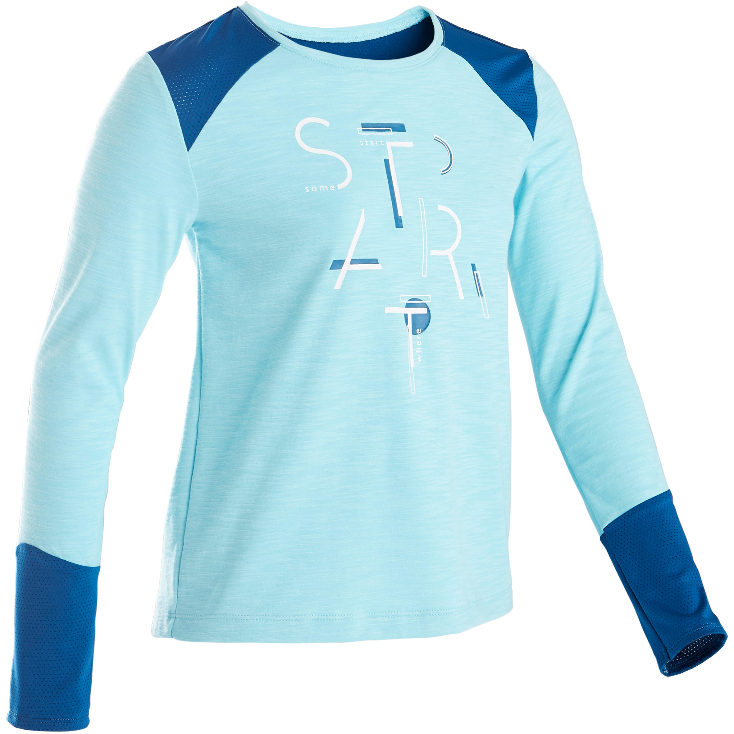 500 Girls' Breathable Cotton Long-Sleeved Gym T-Shirt - Blue Print 1/6