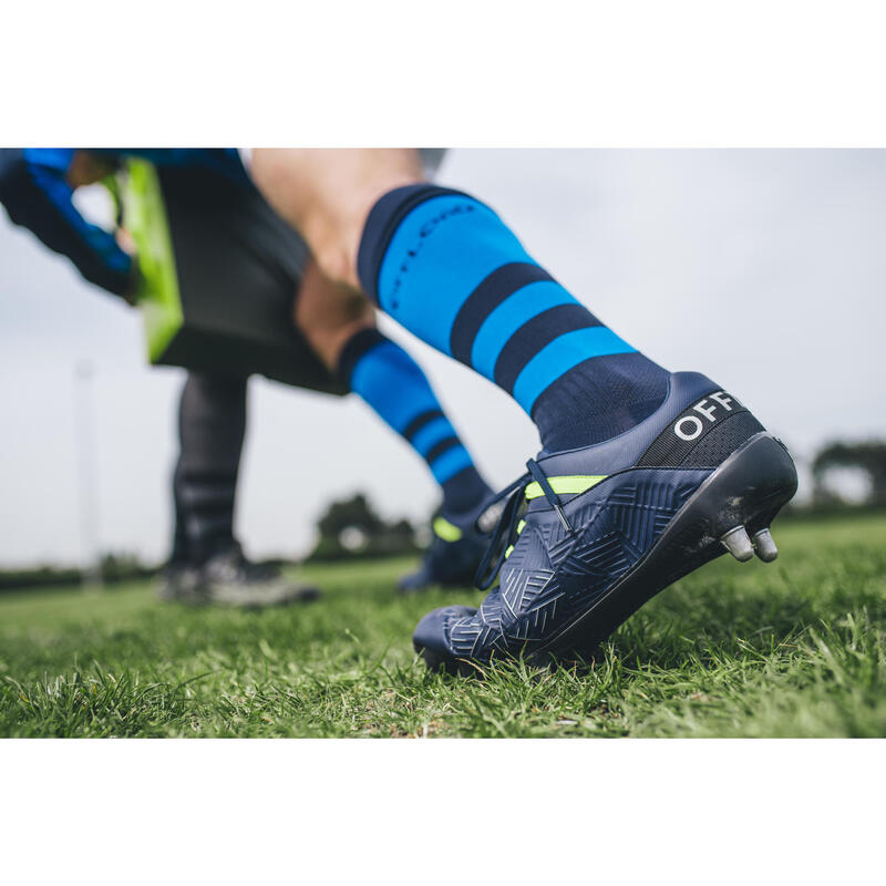 chaussures de rugby terrains gras 8 crampons Density R500 SG bleue jaune