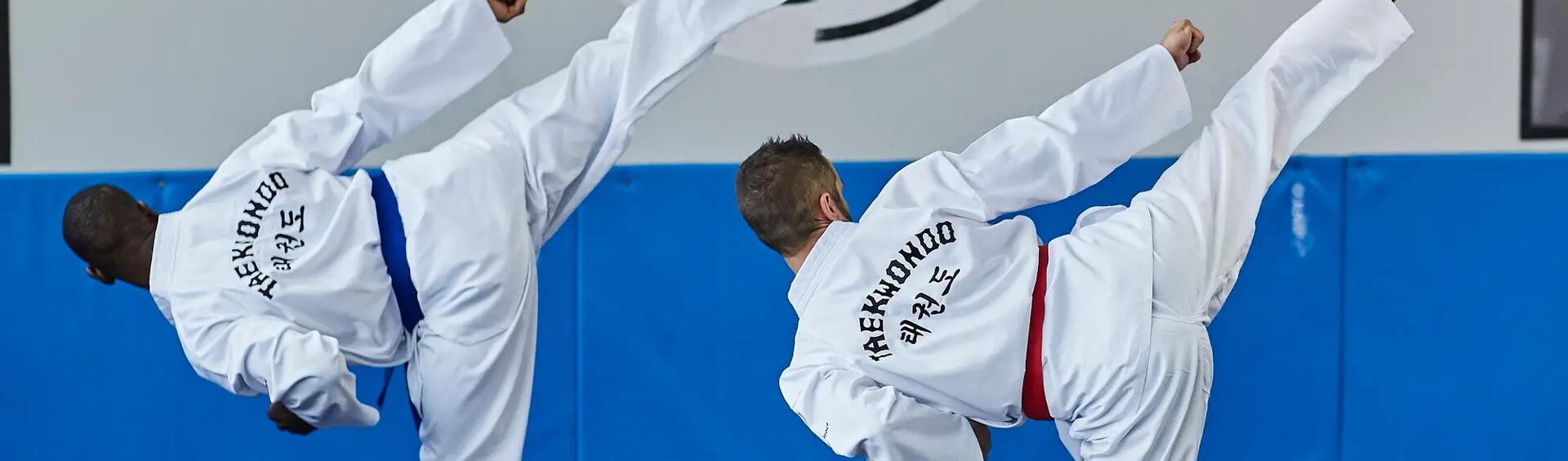 Mężczyźni w dobokach trenujący kopnięcia w taekwondo