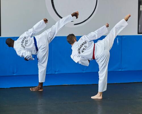 Mężczyźni w dobokach trenujący kopnięcia w taekwondo