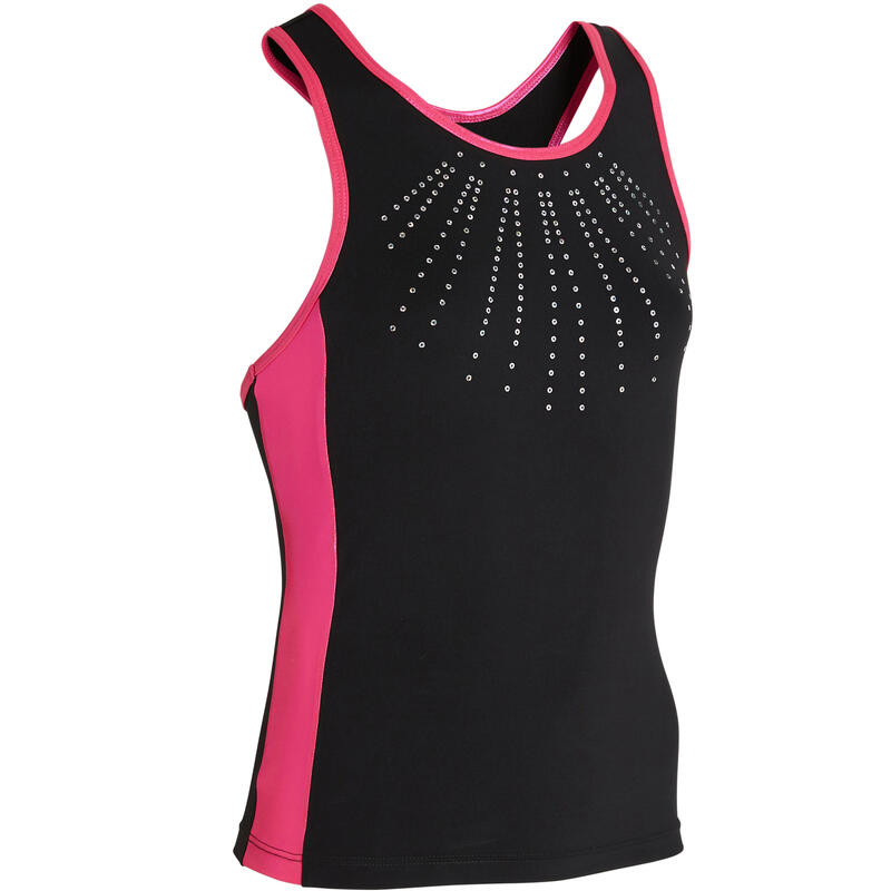 Camiseta sin mangas de gimnasia artística femenina 500 negro rosa lentejuelas 