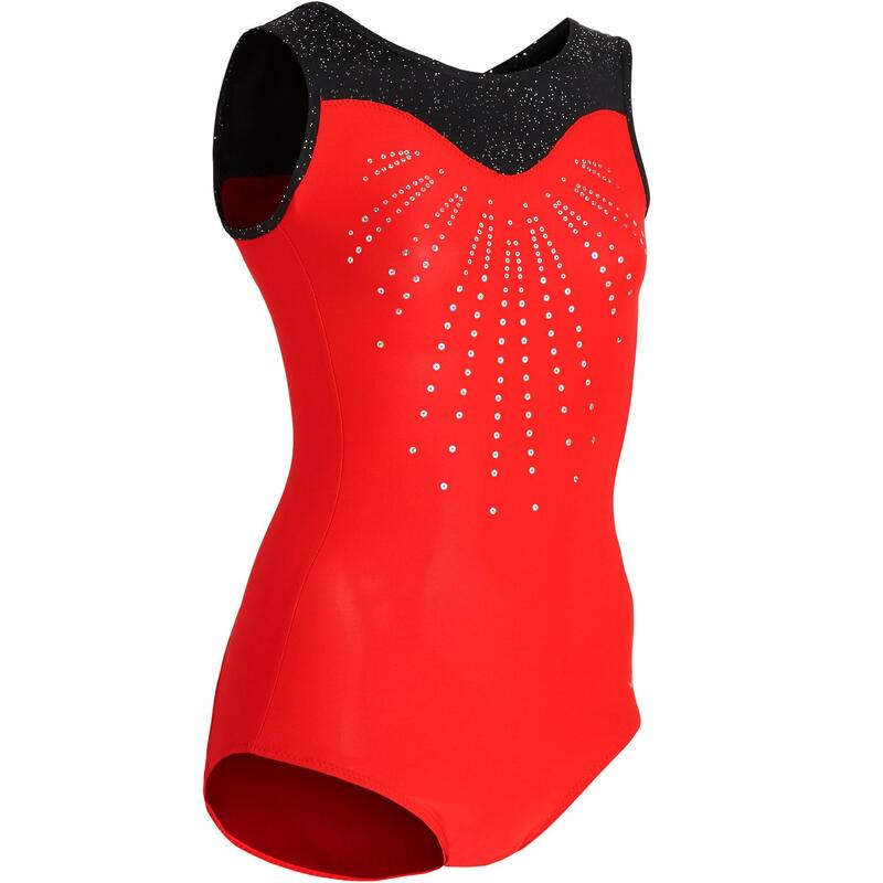 DívčÍ gymnastický dres 540 bez rukávů červeno-černý s flitry