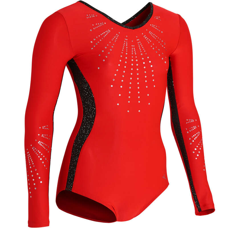 WOMEN ARTISTIC GYM APPAREL, HAND GRIP Gymnastics - 500 Long-Sleeved Leotard - Red DOMYOS - Gymnastics
